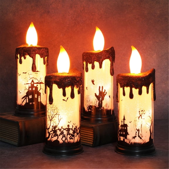 Halloween Flameless Candles with Timer, LED Pillar Candles, Battery Operated LED Candle Ghost Castle Skull for Halloween Celebration Party