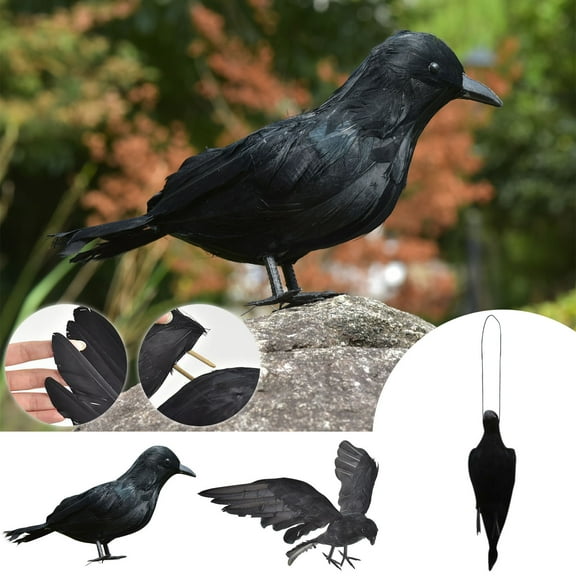 Halloween Realistic Black Feather Crow, Halloween Party Outdoor Decorations Birds Prop