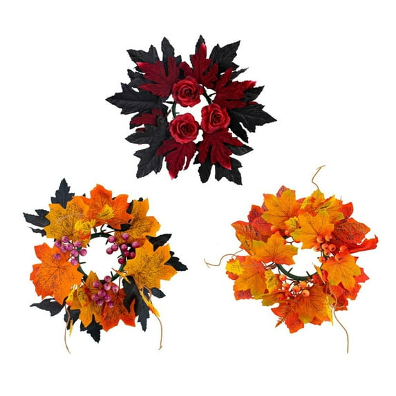 Halloween Rose Candle Rings, Floral with Black Maple Leaves Candle Ring Artificial Red Rose Candleholders Garland Small Wreaths for Party Home Gothic Wedding Table Centerpieces Decor