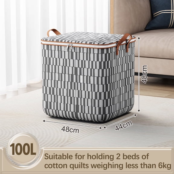 Household Quilt Storage Bag with Zipper, Large Capacity Closet Organizer Portable Easy to Store, Gray Stripe, 100L