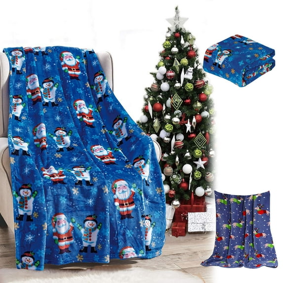 Lightweight Printed Throw Blanket, All Season, Ultra Soft, Cozy and Plush, Decorative Throw Blankets, Perfect for Lounging, 27.5x39 Inches, Blue SantaSnowman, Throw Blanket