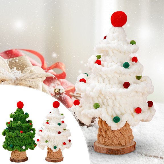 Mini Small Christmas Tree Handcrafted Knit Yarn Tabletop Christmas Trees with Wood Base Xmas Eve Festive Desktop Decor Cute Warm Holiday Unique Handmade Gift Idea