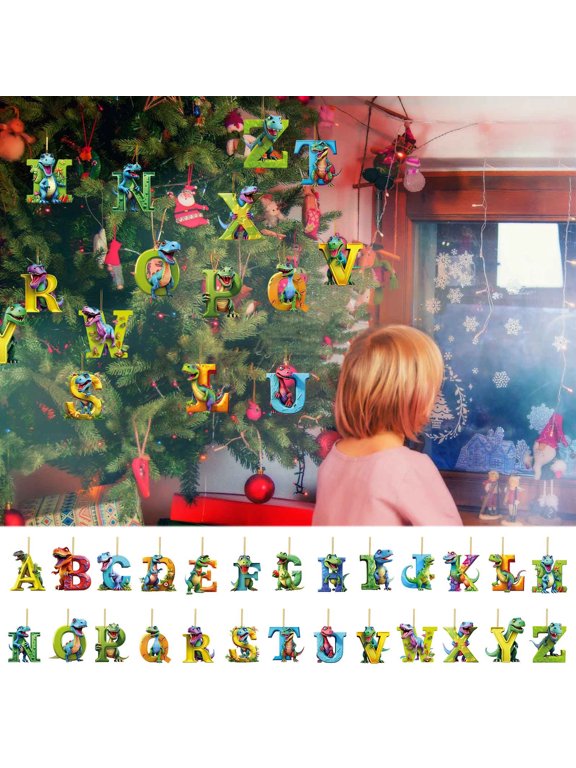 Personalized Dinosaur Christmas Ornament, 26 Letters Hanging Pendant Ornaments Plastic Initial Monogram Xmas Tree Decorations with Hanging Rope Unique Customized Funny Gift for Kids