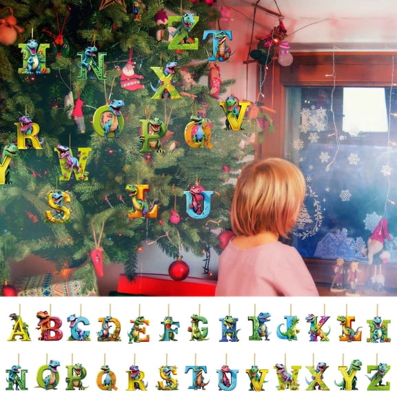 Personalized Dinosaur Christmas Ornament, 26 Letters Hanging Pendant Ornaments Plastic Initial Monogram Xmas Tree Decorations with Hanging Rope Unique Customized Funny Gift for Kids