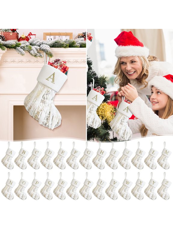 Personalized Faux Fur Christmas Stocking with Gold Letter Mini Plush Monogram Embroidered Christmas Hanging Stocking for Xmas Holiday Family Decorations