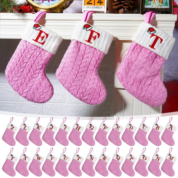 Pink Letter Cable Knit Christmas Stockings Small Xmas Fireplace 7 inches Hanging Decoration, Christmas Stocking with 26 Letters, Initial Christmas Stocking Decorations for Family Holidays Xmas