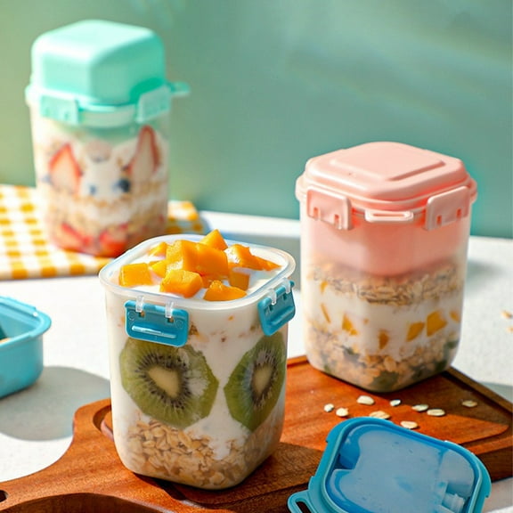 Plastic Cereal Yogurt Cup with Lid, Overnight Oats Container with Spoon, Clear Airtight Yogurt Cup Leak Proof, Overnight Oatmeal Yogurt Containers Detachable for Breakfast Snack