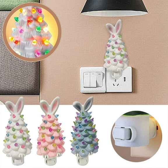 Plug-in Decorative Lamp Easter Bunny Ceramic Tabletop Tree 6.3" Pre-Lit Rabbit Figurines with Colorful Lamp Beads and Bunny Ear Top Spring Easter Holiday Decor Gifts