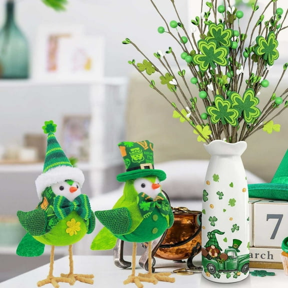 Plush Bird Decorations Bird Figurines Doll Table Ornament Plush Bird Fabric Bird for St Patrick's Day Gifts Indoor Outdoor Office Shelf Garden Birthday Party Favors Ornaments (Irish)