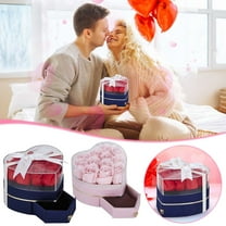 Preserved Flower Rose Ring Pendant Box with Ribbon Bow, Heart Shape Velvet Jewelry Box for Valentine's Day Mother's Day Wedding Anniversary Birthday Gift, Pink, 4.9x5.1x3.8 Inch