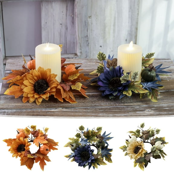 Pumpkins Maple Leaves Candle Rings Wreaths with Sunflower Fall Candle Rings Thanksgiving Day Ring Holder Mini Autumn Artificial for Wedding, Door Tabletop Decoration 9.8 Inch