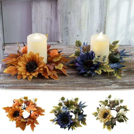 Pumpkins Maple Leaves Candle Rings Wreaths with Sunflower Fall Candle Rings Thanksgiving Day Ring Holder Mini Autumn Artificial for Wedding, Door Tabletop Decoration 9.8 Inch