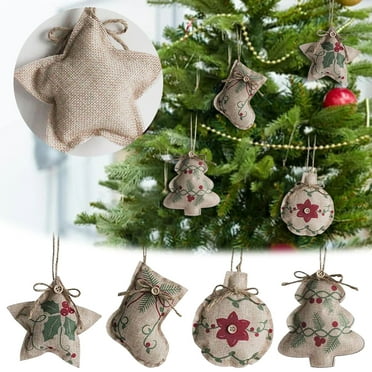 Rojia Rustic Christmas Tree Ornaments Stocking Decorations Burlap Christmas Stocking Ball Tree Bell with Red and Green Holly Leaves for Holiday Party Decor 2Pcs