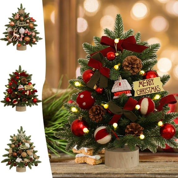 Small Christmas Tree with LED Lights 17.7 in Mini Tabletop Artificial Xmas Pine Tree with Hanging Ornaments Wooden Base Adorable DIY Christmas Decoration for Home Office Lovely Xmas Gift