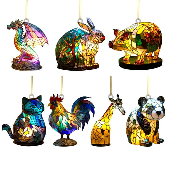 Stained Church Glass Style Animal Acrylic Pendant Hanging Decoration, Holiday Ambience Decoration Christmas Tree Car Rearview Mirror Decoration