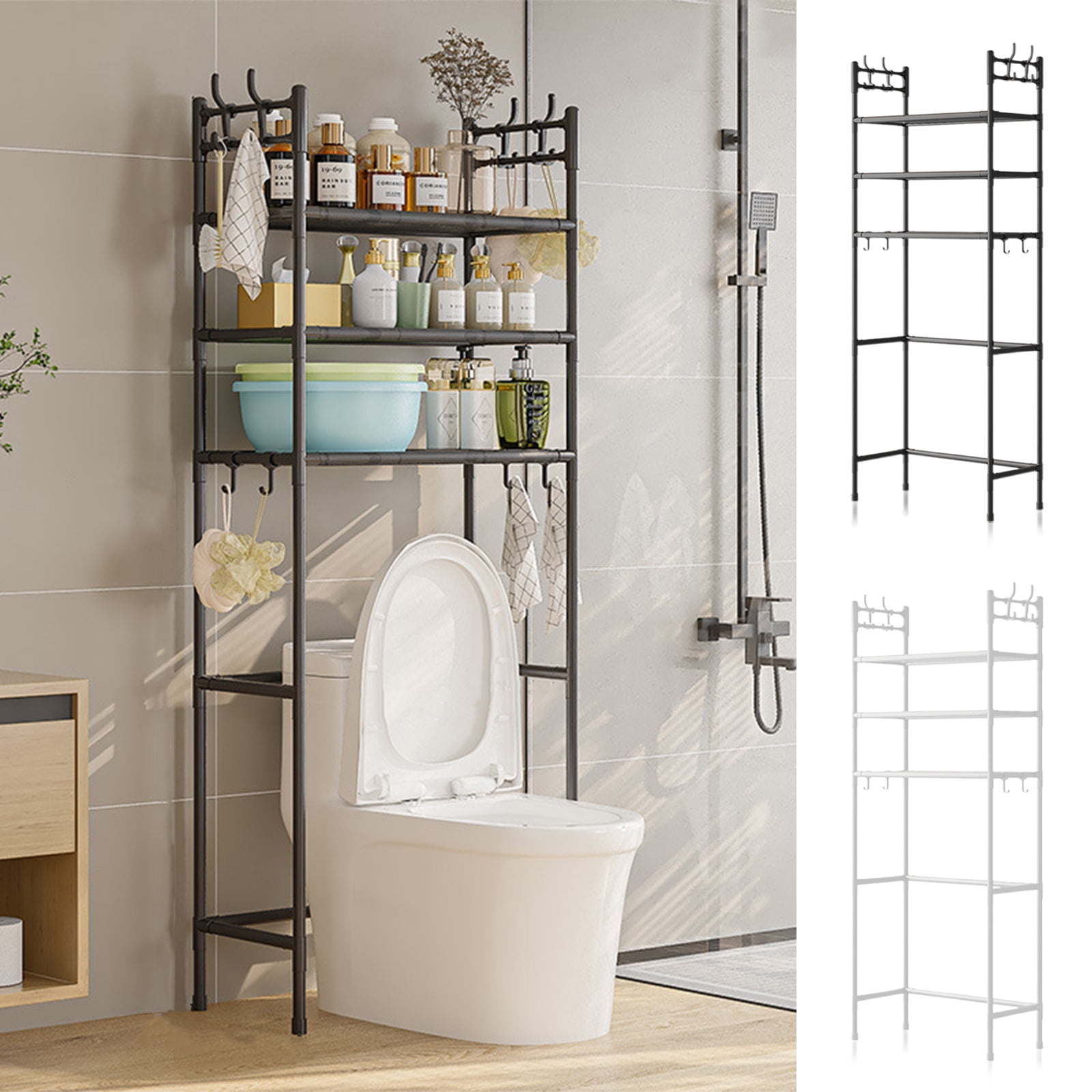 Over Toilet Storage Rack 3-Tier Bathroom Organizer Shelf,Metal Over The Toilet Storage Cabinet with Paper Holder and Hooks,Freestanding Space Saver, 18.5inx9.84inx63in
