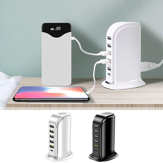 USB Charging Station for Multiple Devices, 5 USB Ports + 1 Type C Multiport Charger Tower, Compatible with Smartphones, Tablets and Other USB Devices