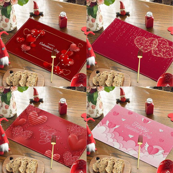 Valentine's Day Placemats, Happy Valentines Day Pattern Watercolor Heart Table Mat Heart Decorative Place Mats for Birthday Wedding Tableware Decor, 18 x 12 Inch