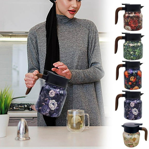 Vintage Floral Pattern Tea Pot with Detachable Built-in Infuser Mini Hot Coffee Pot Stainless Steel Thermal Carafe with Lid for Hot Drinks