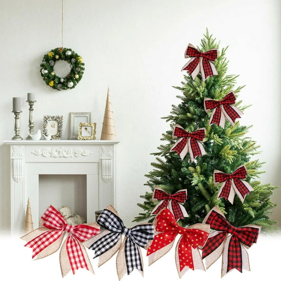 Xmas Buffalo Plaid Burlap Bows Christmas Wreath Bow Rustic Tree Topper Christmas Bows Holiday Bows Decorations Ornaments for Wedding Birthday Party, 3.9x3.7in