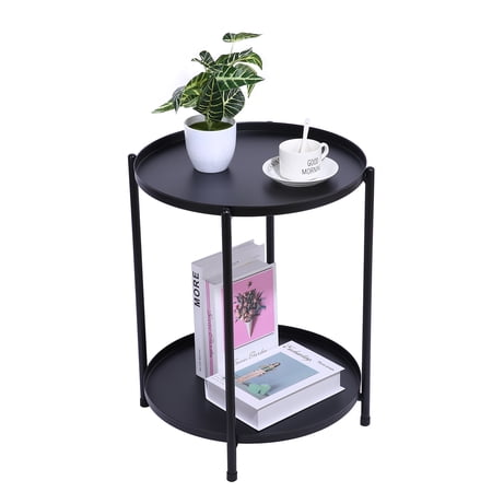 RokiaTek 2-Tier Metal Tray End Table, Round End Tables Removable Tray Easy Assembly Anti-Rust and Waterproof Sofa Side Table (Black)