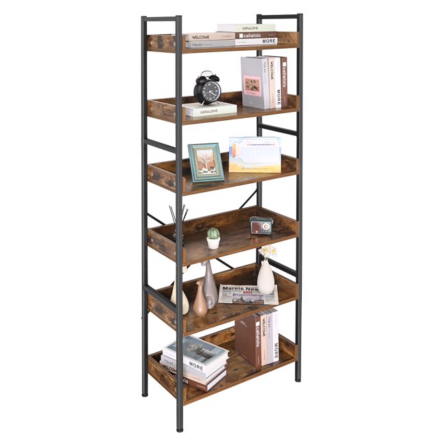 RokiaTek Bookshelf, 6 Tier Tall Bookcase, Industrial Ladder Shelf