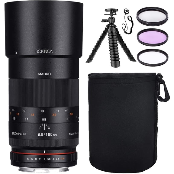Rokinon 100mm F2.8 Full Frame Macro Lens for Fuji X w/Lens Hood + Protective Lens Case, Spider Flex Tripod & Other Accessory Bundle