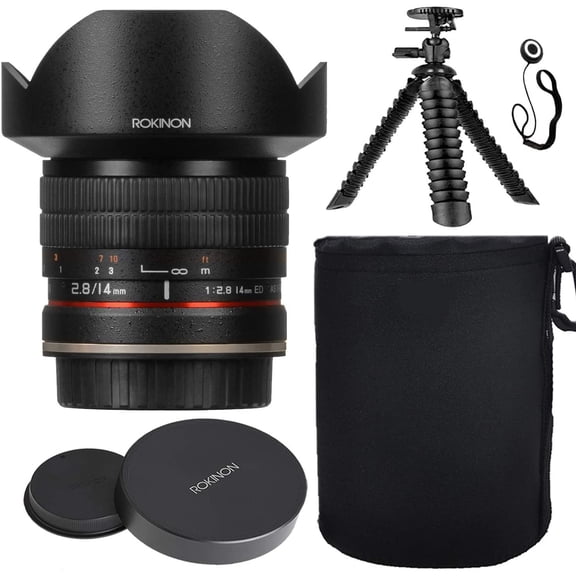 Rokinon 14mm F2.8 IF ED Super Wide Angle Lens for Fuji X Mount w/Lens Hood + Protective Lens Case, Spider Flex Tripod & Other Accessory Bundle