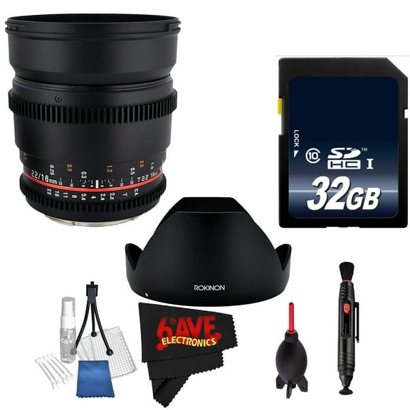 Rokinon 16mm T2.2 Cine Lens for Sony E # CV16M-NEX + MicroFiber Cloth + Dust Blower + Lens Pen Cleaner + Deluxe Cleaning Kit + 32GB SDHC Class 10 Memory Card Bundle