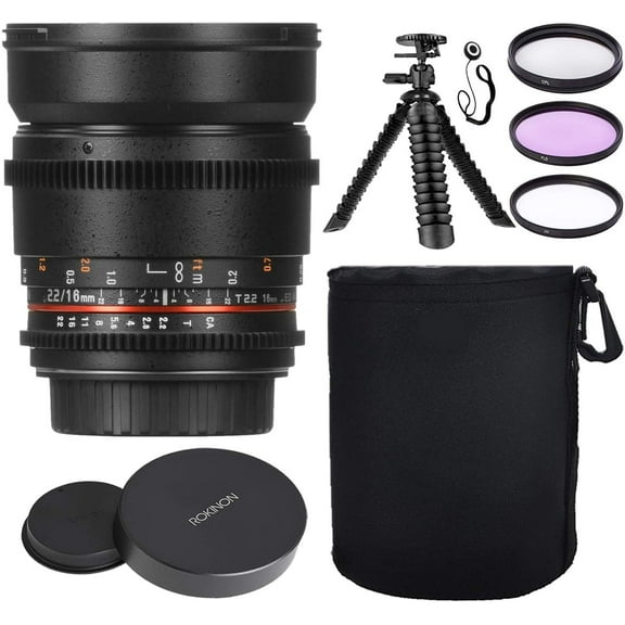 Rokinon 16mm T2.2 Cine Lens for Canon EF w/Lens Hood + Protective Lens Case, Spider Flex Tripod & Other Accessory Bundle
