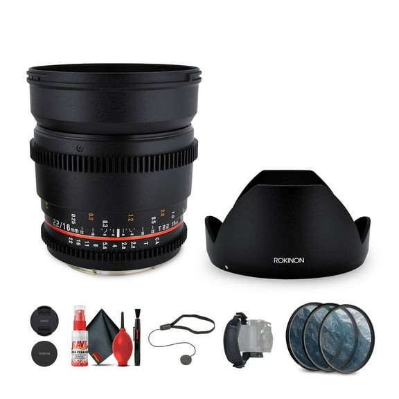 Rokinon 16mm T2.2 Cine Lens for Nikon F with 3-Piece Filter Kit, Hand Strap, Full Cleaning Kit, and Cap Keeper Cinema Lens Bundle