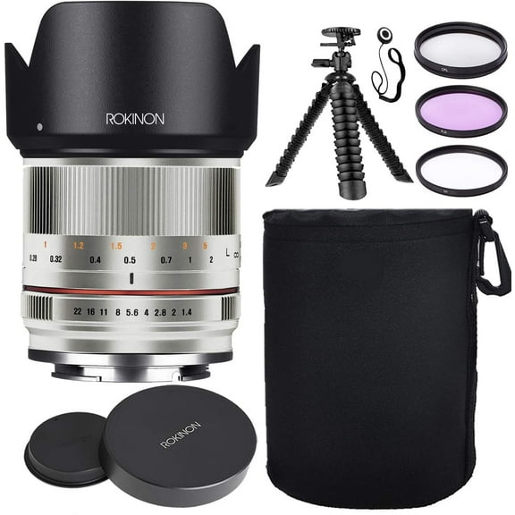 Rokinon 21mm F1.4 High Speed Mirrorless Wide Angle Lens for Sony E-Mount (Silver) w/Lens Hood + Protective Lens Case, Spider Flex Tripod & Other Accessory Bundle