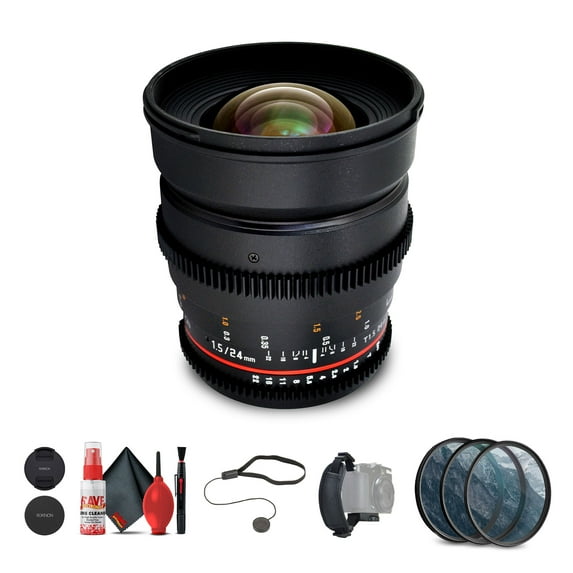 Rokinon 24mm T1.5 Cine ED AS IF UMC Lens for Nikon F Mount with 3-Piece Filter Kit, Hand Strap, Full Cleaning Kit, and Cap Keeper – Cine Lens Bundle