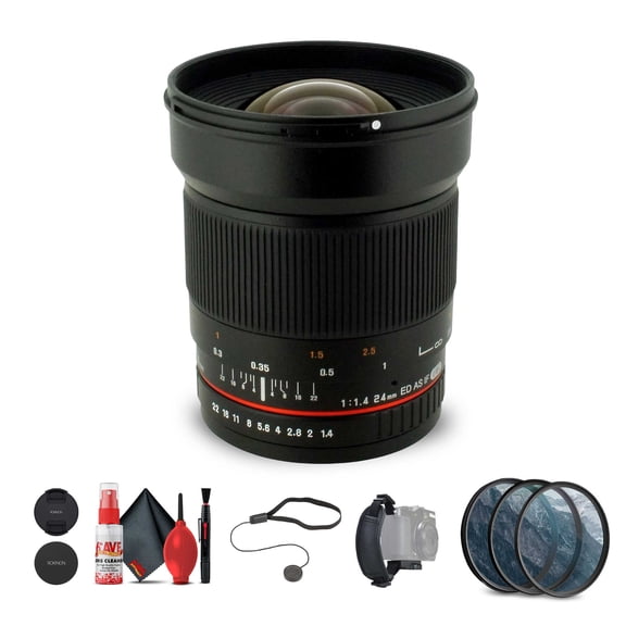 Rokinon 24mm f/1.4 Aspherical Wide Angle Lens for Olympus with 3-Piece Filter Kit, Hand Strap, Full Cleaning Kit, and Cap Keeper  Photography Bundle