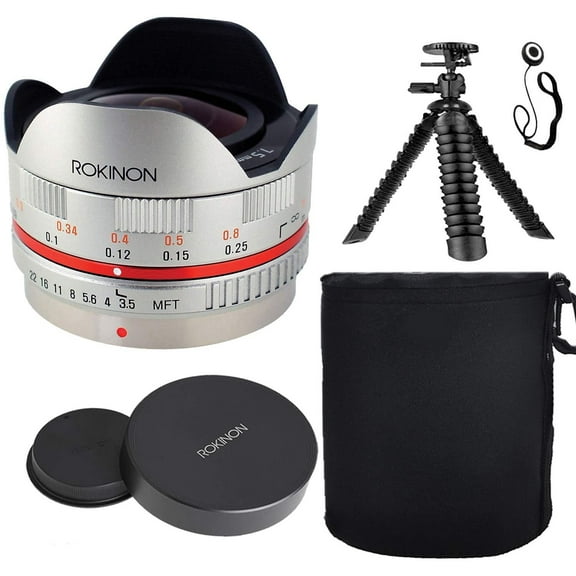 Rokinon 7.5mm f/3.5 Ultra Wide-Angle Fisheye Lens for Micro Four Thirds (Silver) w/Lens Hood + Protective Lens Case, Spider Flex Tripod & Other Accessory Bundle
