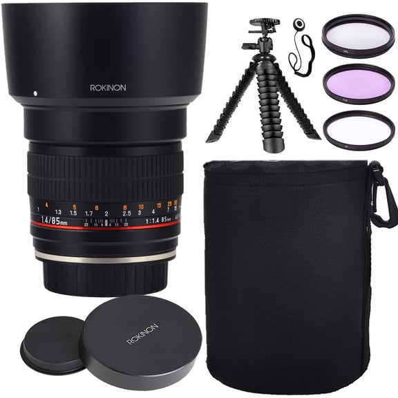 Rokinon 85mm F1.4 Aspherical Lens with AE chip for Canon EF Mount w/Lens Hood + Protective Lens Case, Spider Flex Tripod & Other Accessory Bundle