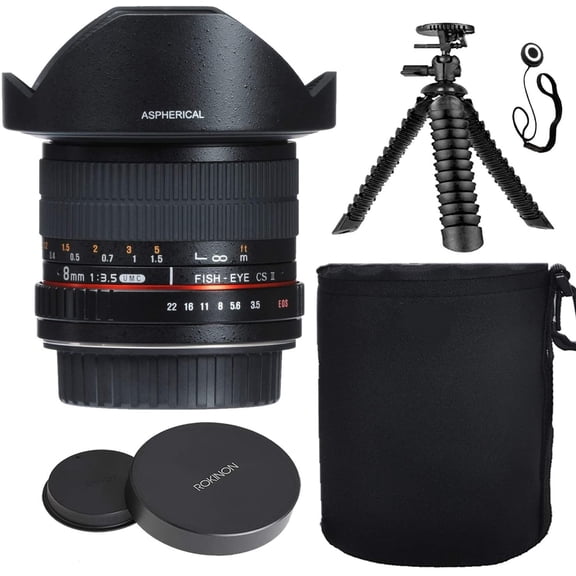 Rokinon 8mm F3.5 HD Fisheye Lens w/Removable Hood for Fuji X + Protective Lens Case, Spider Flex Tripod & Other Accessory Bundle