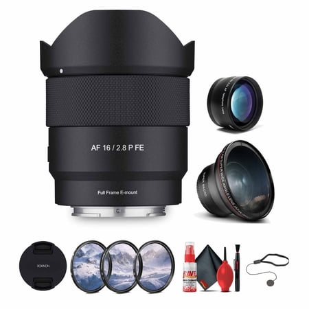 Rokinon AF 16mm f/2.8 P FE Lens for Sony E Bundle Including: 3-Piece Filter Kit, Wide Angle Attachment, Telephoto Attachment, Lens Hoods, Cap Keeper, and Cleaning Kit