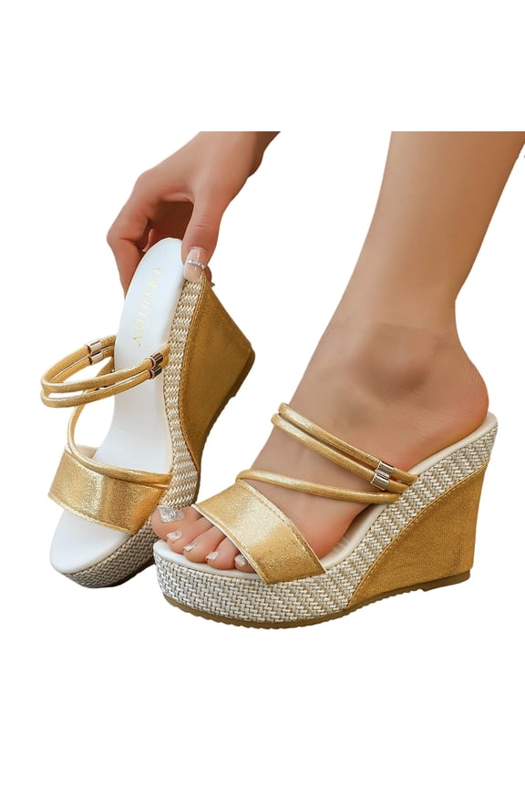 2-Ways Convertible Slingback Slides Platform Wedge Sandals with Back Straps Fashion Casual Espadrilles Chunky ultra High Heels Dress Slip on Summer Shoes Gold Size 9.5
