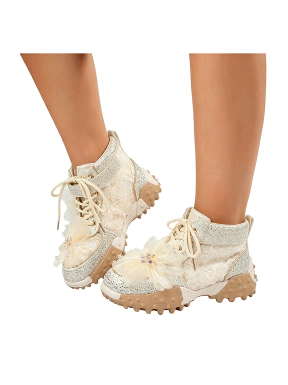 3D Lace Flower Glitter Rhinestones Chunky High Top Fashion Sneakers for Women Fall Winter Casual Lace up Platform Non Slip Walking Tennis Shoes Dress Combat Boots White Size 8.5