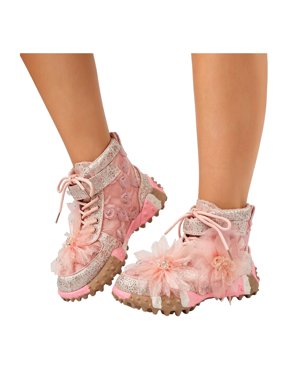 3D Lace Flower Glitter Rhinestones Chunky High Top Fashion Sneakers for Women Fall Winter Casual Lace up Platform Non Slip Walking Tennis Shoes Dress Combat Boots Pink Size 6