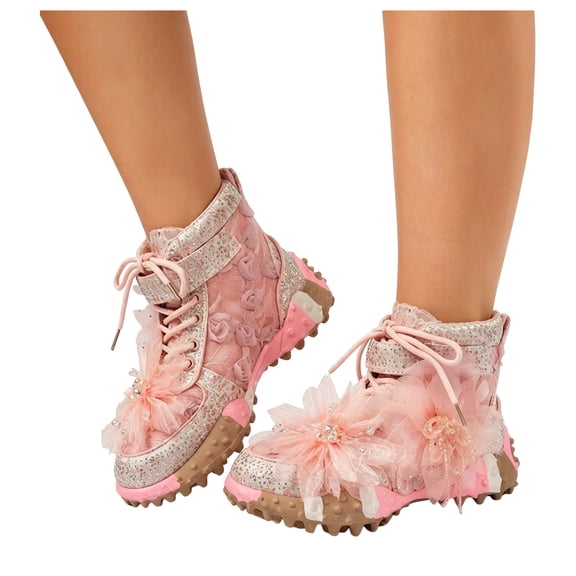 Rokment 3D Lace Flower Glitter Rhinestones Chunky High Top Fashion Sneakers for Women Fall Winter Casual Lace up Platform Non Slip Walking Tennis Shoes Dress Combat Boots Pink Size 9