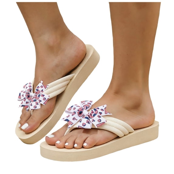 Rokment 4th of July America Flag Yoga Mat Chunky Flip Flops for Women Lightweight Casual Arch Support Slip on Thongs Comfortable Walking Flat Summer Slippers Sandals Beige Size 6.5