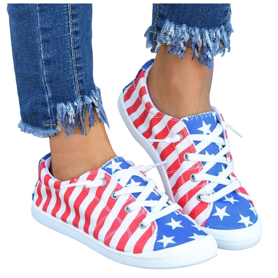 Rokment 4th of July Independence Day Low Top Fashion Sneakers for Women Patriotic Canvas Spring Fall Casual Comfortable Walking Flat Tennis Shoes Blue Size 6