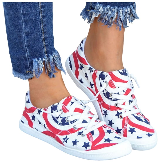 Rokment 4th of July Independence Day Low Top Fashion Sneakers for Women Patriotic Canvas Spring Fall Casual Comfortable Walking Flat Tennis Shoes Red Size 9.5