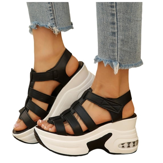 Rokment Air Cushion Chunky Wedge Heeled Gladiator Dress Sandals for Women Comfortable Leather Open Toe Ankle Strap Platform Non Slip Work Beach Summer Shoes Black Size 6.5