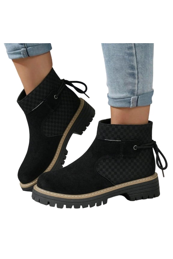 Ankle Boots for Women Vintage Checkered Patchwork Suede Platform Chunky Lug Sole Comfortable Non Slip Combat Short Booties