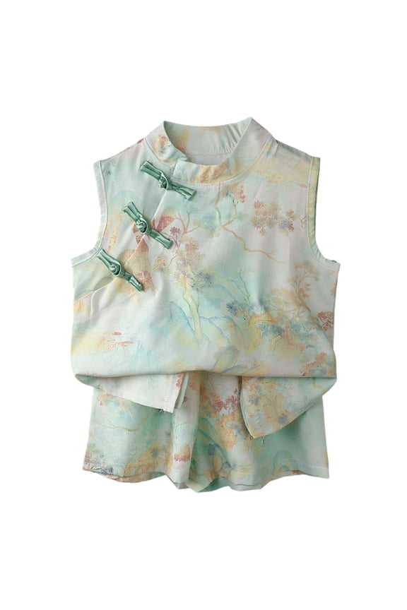 Rokment Baby Girls Vintage Chinese Traditional Outfit Set 2 Pcs Floral Side Button up Sleeveless Cheongsam Tank Top Vest and Shorts Retro Qipao Dress Suit for Toddler Kids Performance Photoshoot
