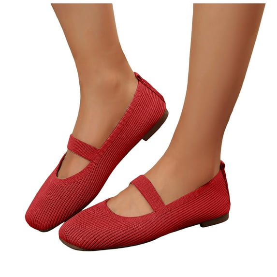 Rokment Ballet Flat Dress Shoes for Women Ladies 2026 Spring Fall Fashion Casual Knit Square Toe Low Heel Slip on Loafers Walking Driving Sneakers Red Size 9