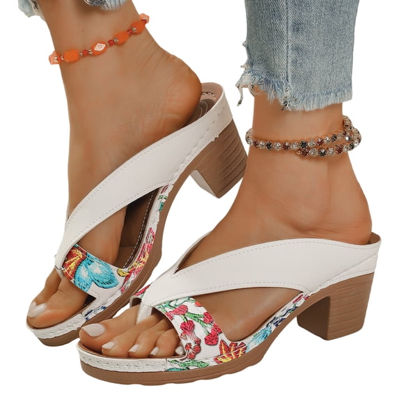 Rokment Beach Flower Platform Dress High Heels Slipper Sandals for Women Boho Fashion Casual Color Block Leather Chunky Block Heeled Slip on Slides Summer Shoes Sky Blue Size 8.5